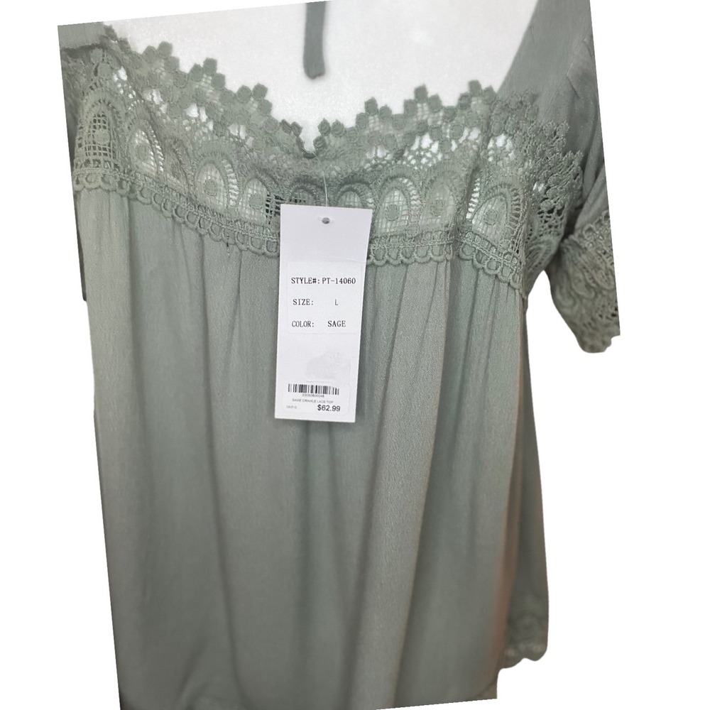 Papillon Sage Crinkle Lace Top Womens Large Green Crochet Boho Blouse PT-14060 - Picture 4 of 8